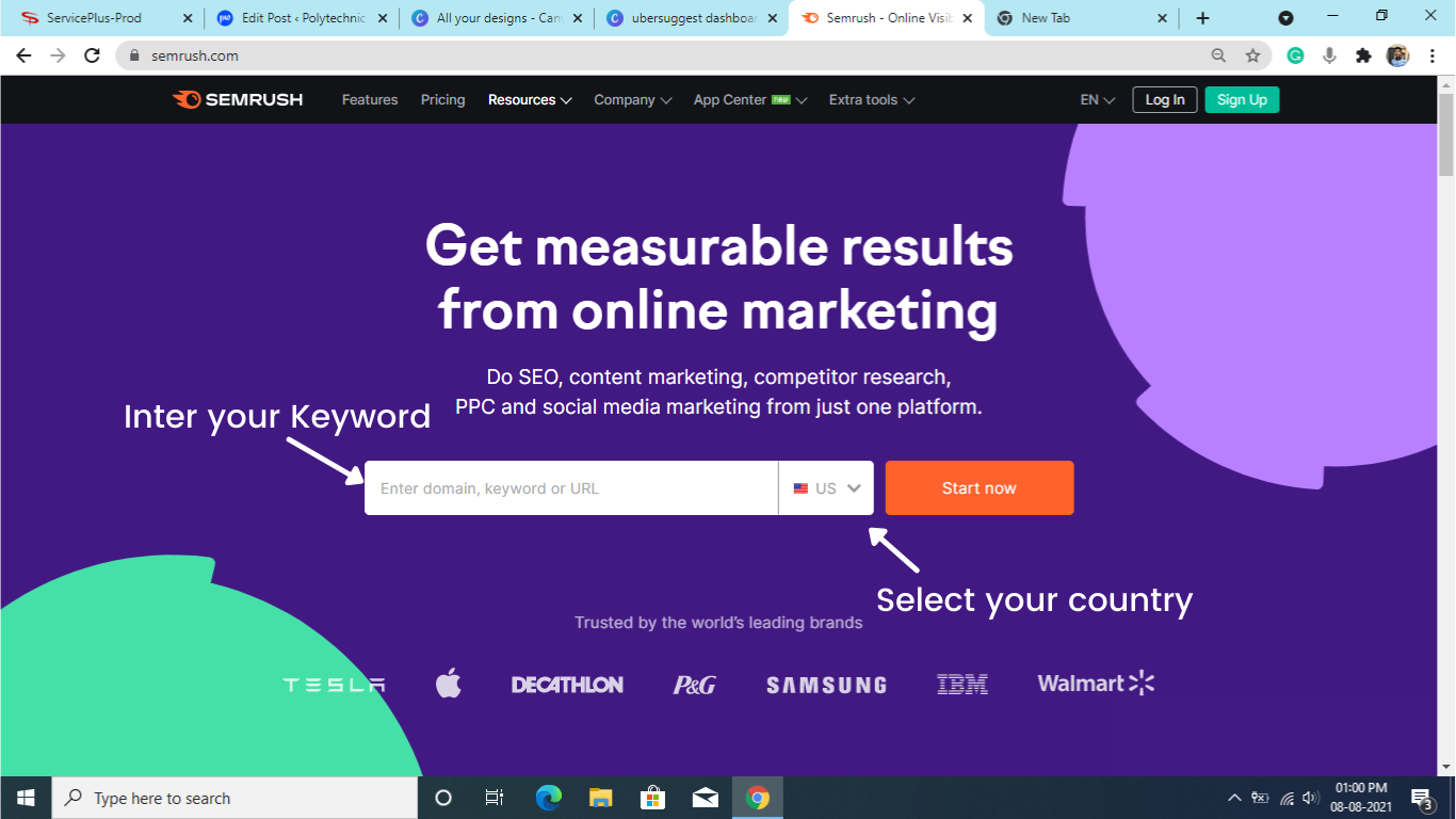 semrush dashboard keyword research toll seo